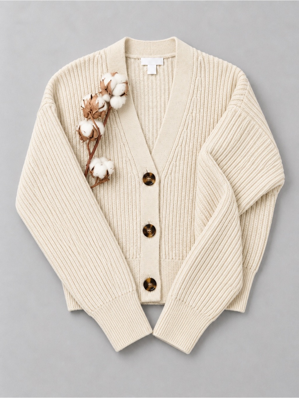H&M Cream Ribbed V-Neck Cardigan with Tortoiseshell Buttons